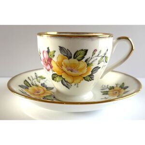 VTG English Castle Bone China Teacup Saucer Set Floral Yellow Pink Gold Trim